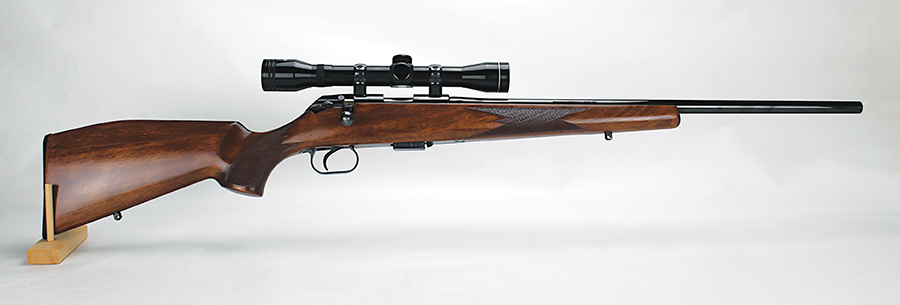 Mauser chambered Model 201s in 22 WMR and 22 LR and made standard and Luxus versions. Here is a standard 201 in 22 WMR mounted with a Tasco 3-9x scope.